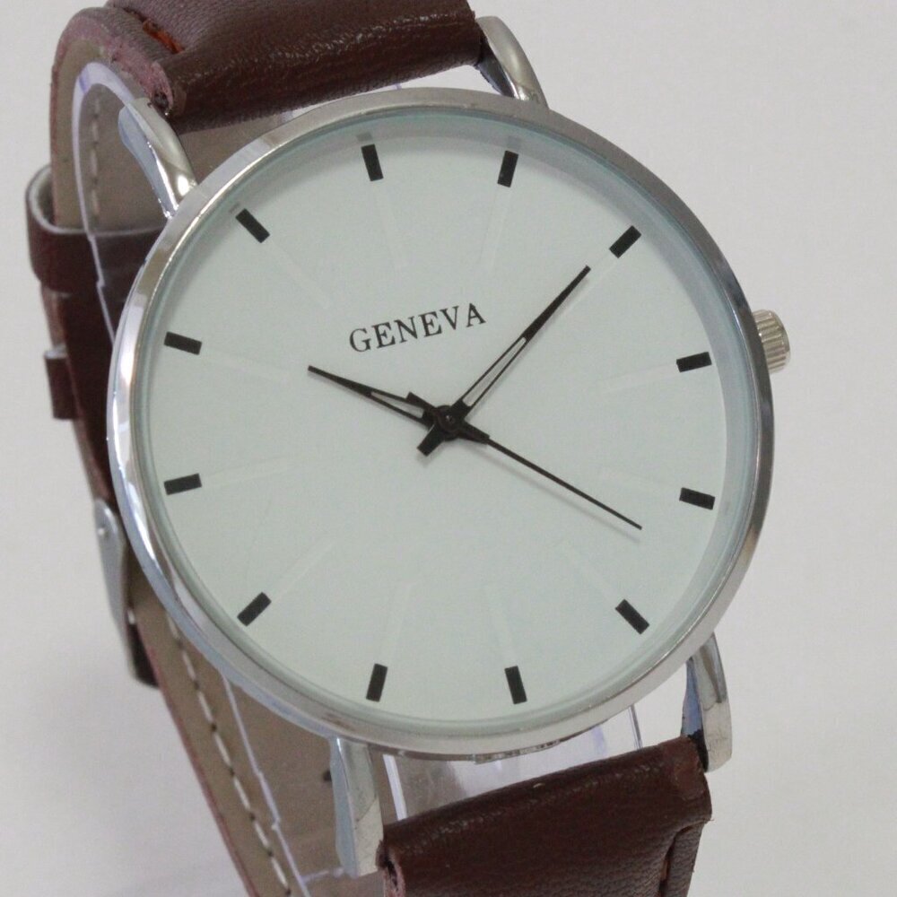 Men's Minimalist Fashion Watch Silver Case White Dial Brown Strap 40mm - Picture 8 of 14